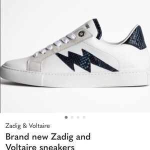 Zadig & Voltaire White Sneakers with Navy Accents 100% leather uppers.  Size 39.